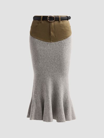 Self-Portrait Women's Denim-Insert Knit Midi Skirt