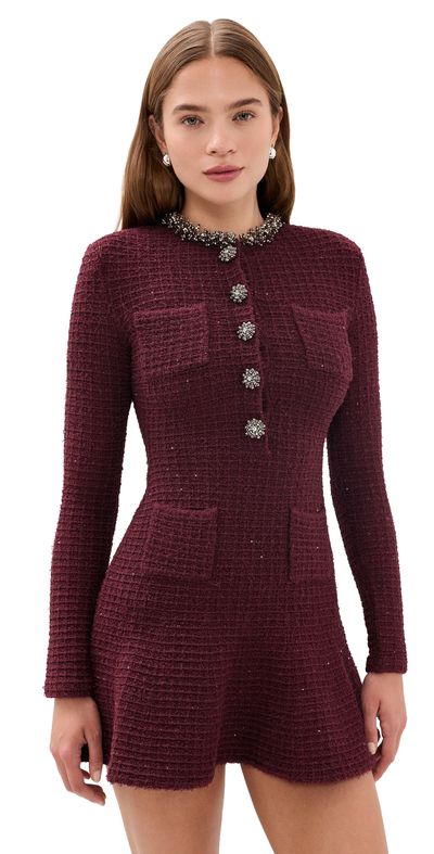 Self Portrait Self Portrait Burgundy Textured Knit Embellished Mini Burgundy