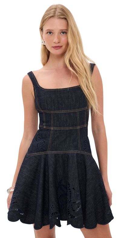 Self Portrait Self Portrait Indigo Denim Bow Embroidered Mini Dress Blue