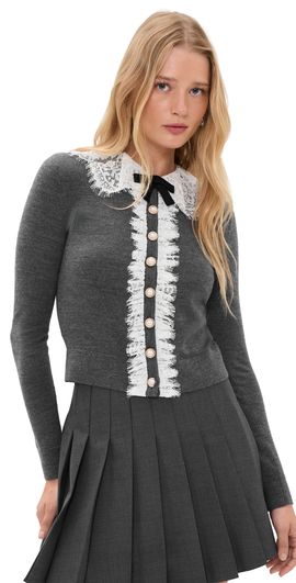 Self Portrait Self Portrait Lace Collar Knit Cardigan Grey