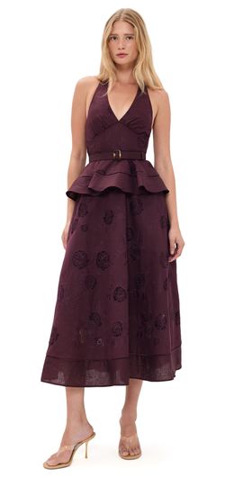 Self Portrait Self Portrait Plum Linen Peplum Midi Dress Burgundy