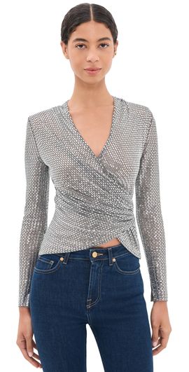 Self Portrait Self Portrait Rhinestone Mesh Wrap Top Grey