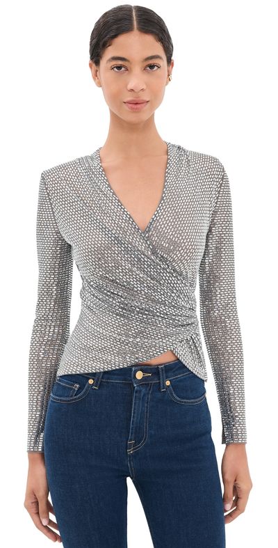 Self Portrait Self Portrait Rhinestone Mesh Wrap Top Grey