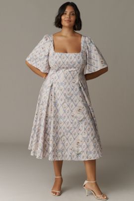 Selkie Bluebell Plus Short-Sleeve Square-Neck Midi Dress