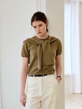 SEPTEMBER twentieth Fur 2-way Shawl Round Neck Short Sleeve Knit Sweater [Khaki]