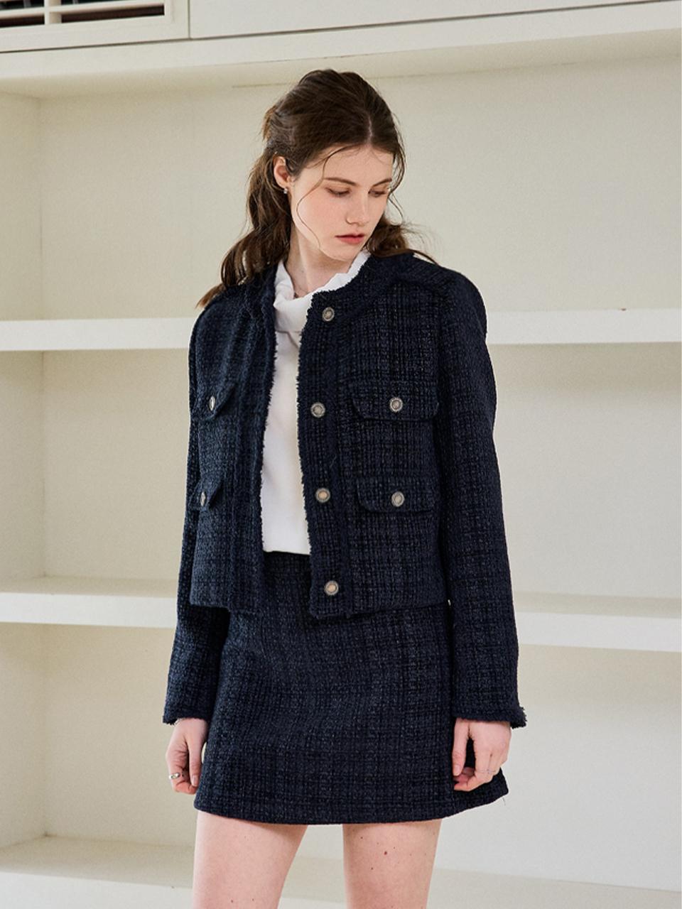 SEPTEMBER twentieth Wool Blend Tassel Tweed Jacket [Navy]