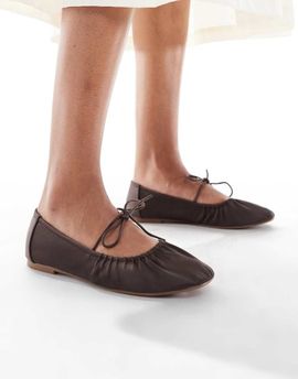 SEQWL SEQWL Iris tie detail ruched ballet flats in chocolate satin-Brown