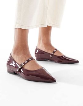 SEQWL SEQWL Jordan pointed toe balelt flats in patent burgundy-Black