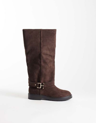 SEQWL SEQWL Mickey faux suede buckle knee boots in chocolate brown