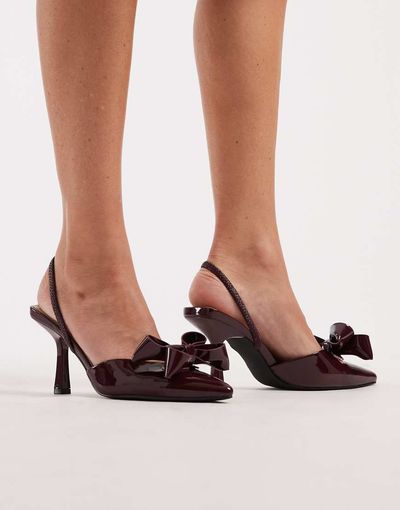 SEQWL SEQWL Salado slingback heeled pumps with bow detailing in berry patent-Red