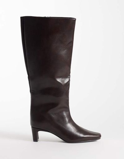 SEQWL SEQWL Woody chisel toe knee high kitten heel boots in brown-White