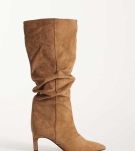SEQWL Wide Fit SEQWL Wide Fit Benz faux suede slouchy knee high kitten heel boots in taupe-Neutral