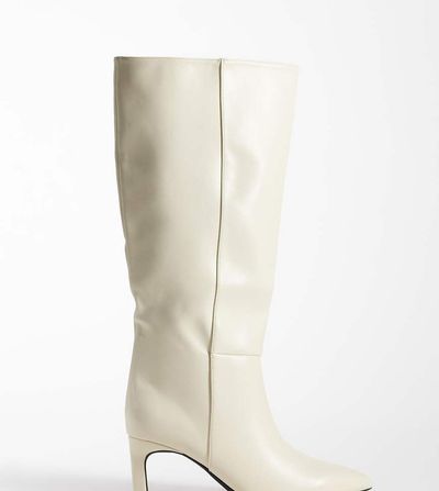 SEQWL Wide Fit SEQWL Wide Fit Benz knee high kitten heel boots in cream-White