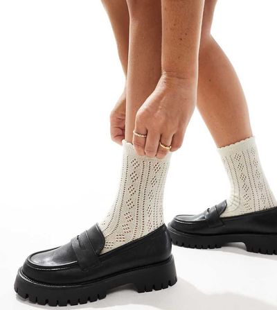 SEQWL Wide Fit SEQWL Wide Fit chunky penny loafers in black PU