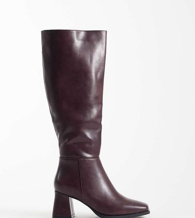 SEQWL Wide Fit SEQWL Wide Fit Fisher block heel knee boots in burgundy-Red
