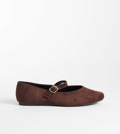 SEQWL Wide Fit SEQWL Wide Fit Iris faux suede high vamp ballet flats in chocolate brown