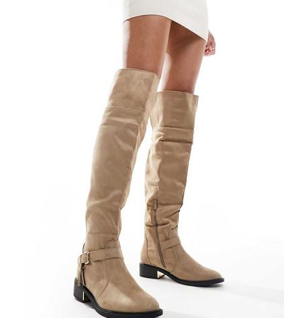 SEQWL Wide Fit SEQWL Wide Fit over the knee flat boots with tassels in taupe-Neutral