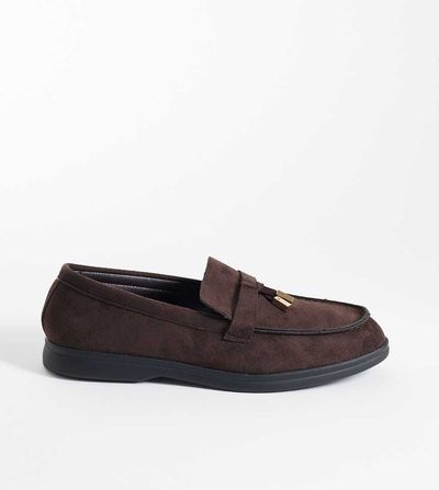 SEQWL Wide Fit SEQWL Wide Fit Panther tassel trim loafers in faux suede chocolate-Brown