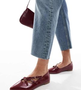 SEQWL Wide Fit SEQWL Wide Fit pointed toe strappy ballet flats in burgundy-Red