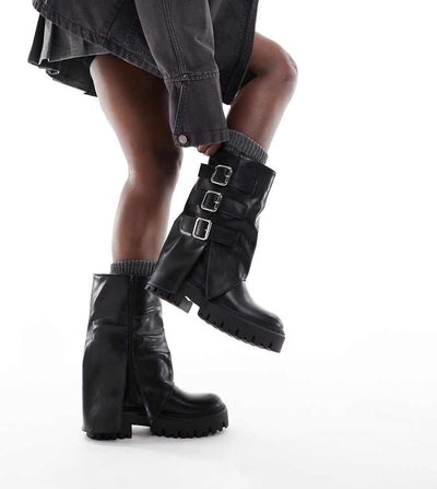 SEQWL Wide Fit SEQWL Wide Fit Stella buckle detail chunky boots in black