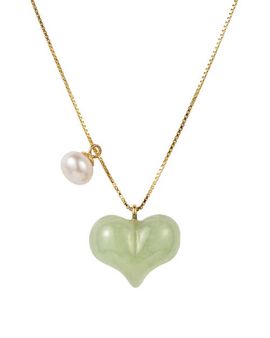 seree seree Puffed Heart Green Jade and Pearl Pendant Necklace