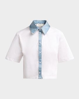 SEROYA Kelsie Stretch-Cotton Denim-Trim Top