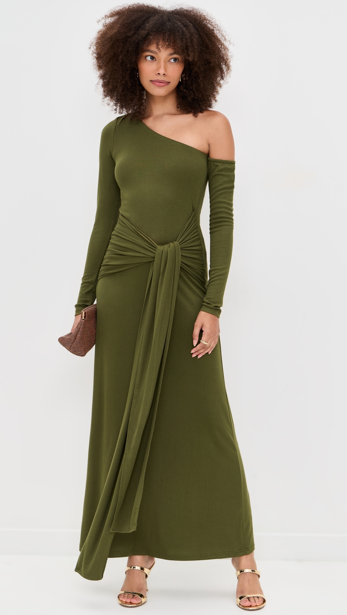 chinese dress ladies Berylove Women Army Green Maxi Dress One Shoulder A Line Pleated Wedding Guest Dress, Army Green / M