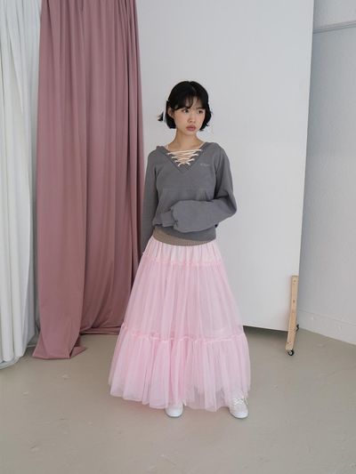 SHAKIRI BOW LONG TULLE SKIRT _PINK
