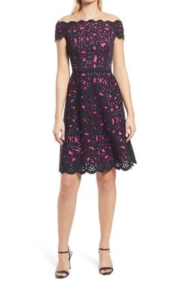 Shani Shani Laser Cut Floral Off the Shoulder Fit & Flare Cocktail Dress