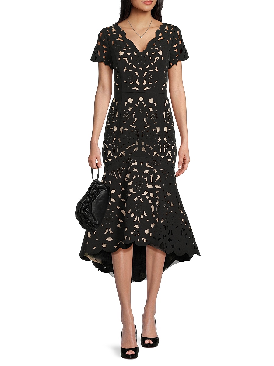 Shani - Women's V-Neck Laser-Cut Crepe Midi-Dress