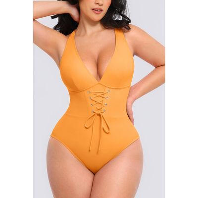 Shapellx Shapellx Plunge Lace-Up Tummy Control One-Piece Swimsuit