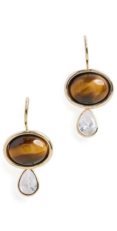 SHASHI SHASHI Oval Tiger Eye Gemstone Drop Earrings Gold/Tiger Eye One