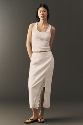 Shona Joy 100% Linen Tolie Lace Midi Skirt