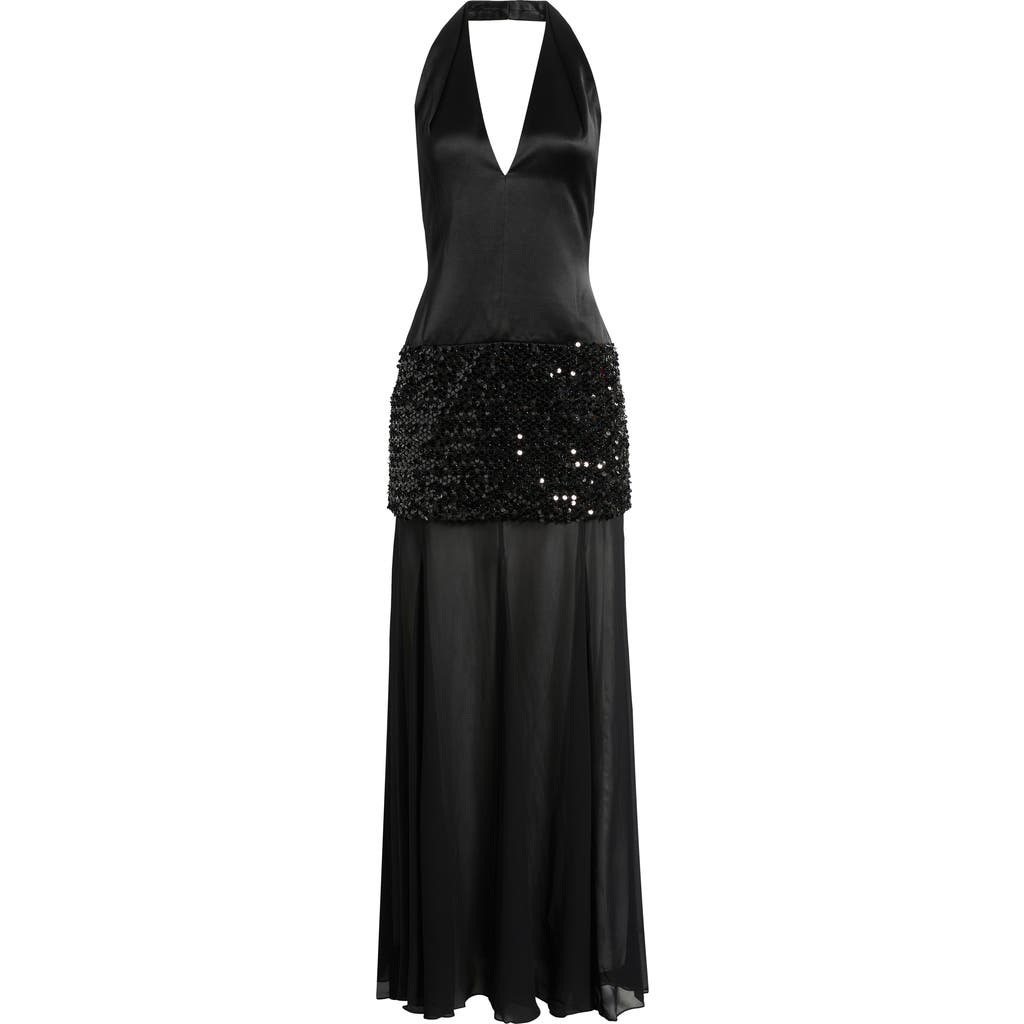 Shona Joy Shona Joy Bianca Sequin Plunge Halter Satin Gown
