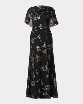 Shoshanna Annalynn Metallic Floral Chiffon Cape Gown