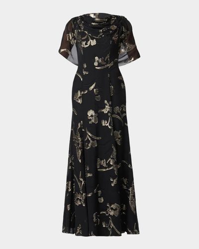 Shoshanna Annalynn Metallic Floral Chiffon Cape Gown