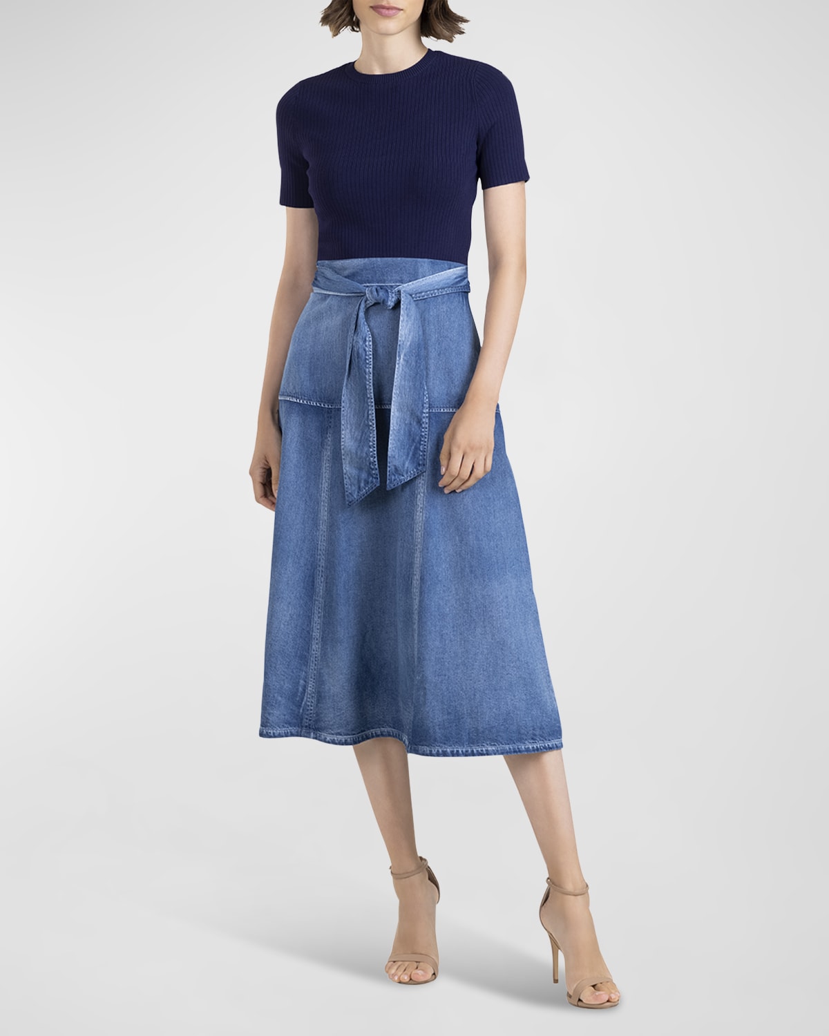 Shoshanna Ashton Short-Sleeve Mixed Media Midi Dress