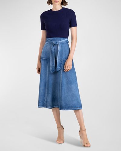 Shoshanna Ashton Short-Sleeve Mixed Media Midi Dress