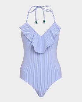 Shoshanna Ruffle Striped One-Piece Swimsuit