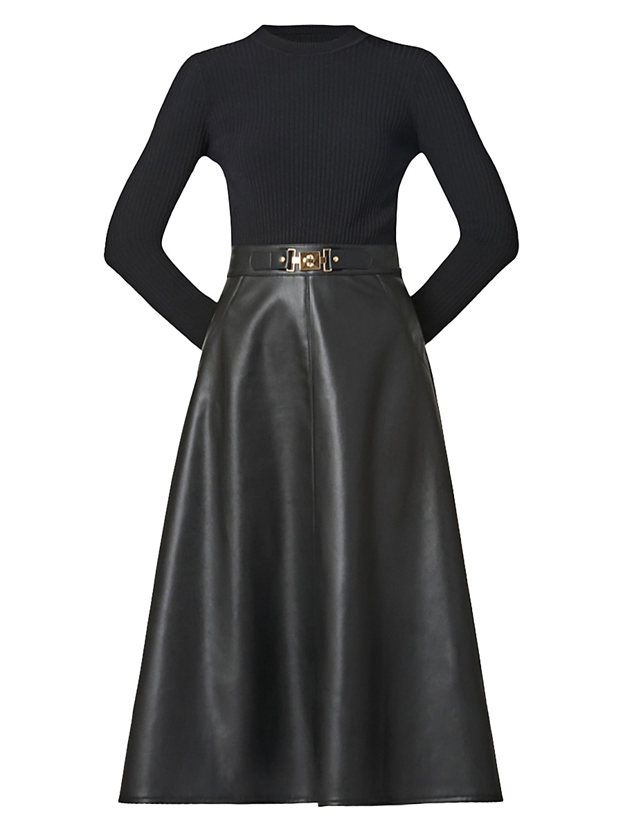 knee length dresses for ladies Trendy, Chic Women's Clothing Boutique Endless Blu Mocha Leather Midi Dress for Women, Adjustable Belt, Faux Leather, Polyester Lining, S Lane 201