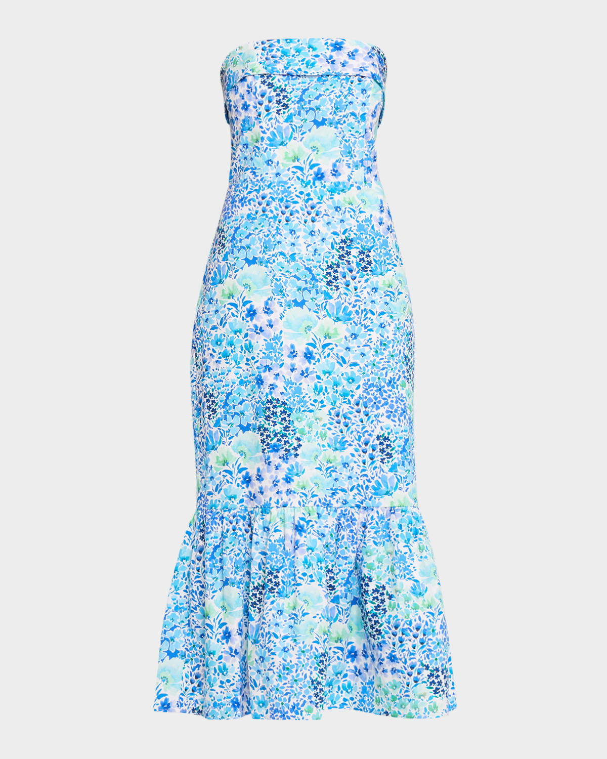Shoshanna Wright Strapless Floral-Print Flounce Midi Dress