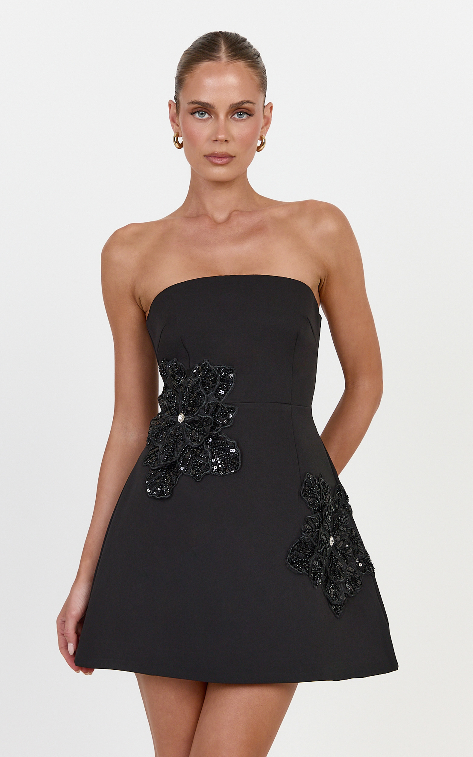 Showpo Abigail Mini Dress - Strapless Floral Applique Dress in Black
