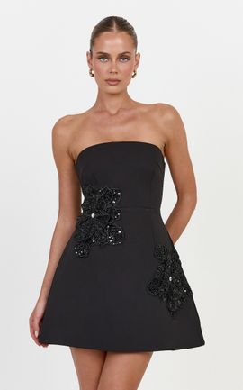 Showpo Abigail Mini Dress - Strapless Floral Applique Dress in Black