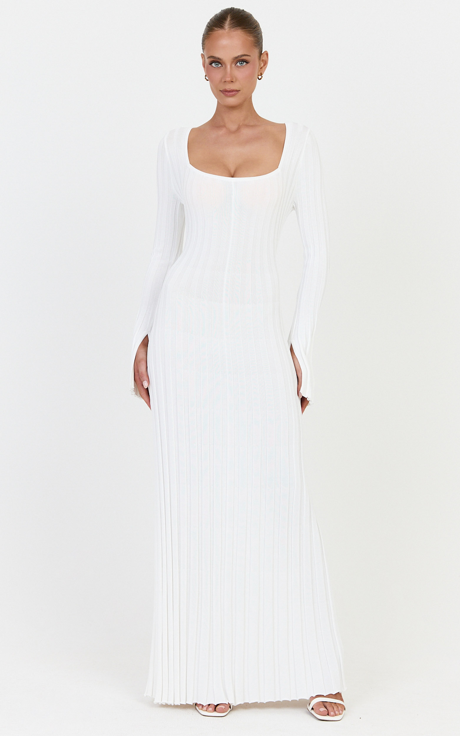 Showpo Alex Maxi Dress - Long Sleeve Square Neck Knit Dress in White