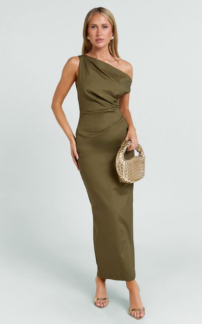 Showpo Alexandria Midi Dress - Tip Shoulder Draped Fitted Dress in Olive