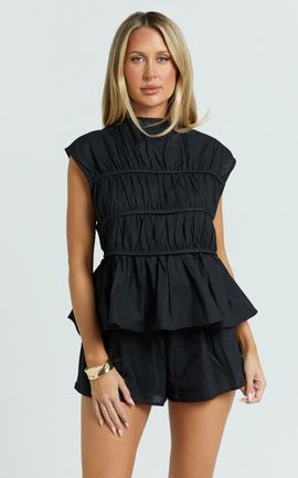 Showpo Alina Two Piece Set - Ruched Detail Top and Short Pants Set in Black