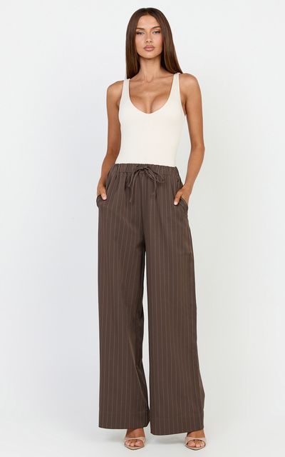 Showpo Amara Pants - High Waist Wide Leg Stripe Pants in Chocolate