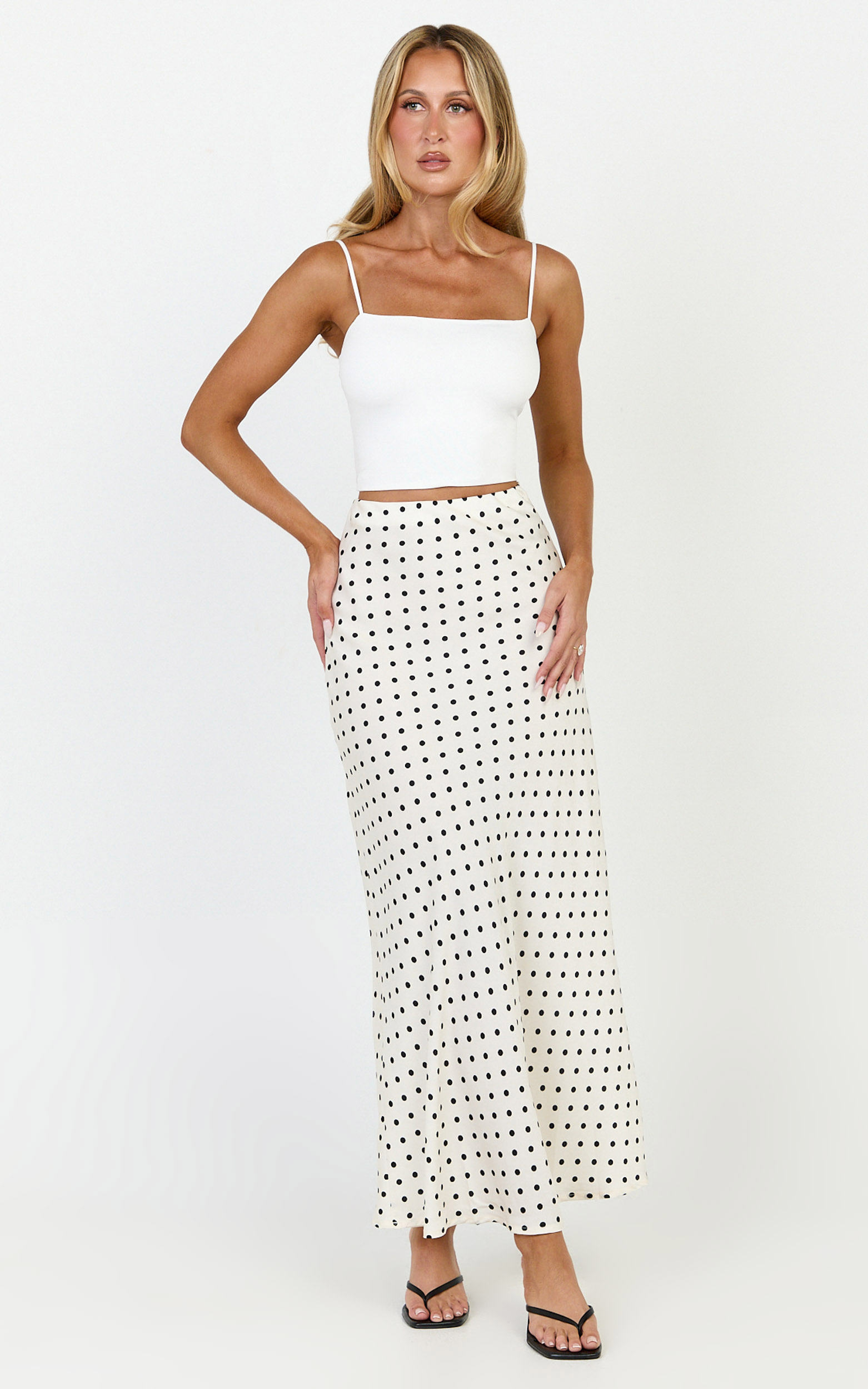 Showpo Amari Maxi Skirt - High Waisted Bias Cut Skirt in Cream and Black Polka