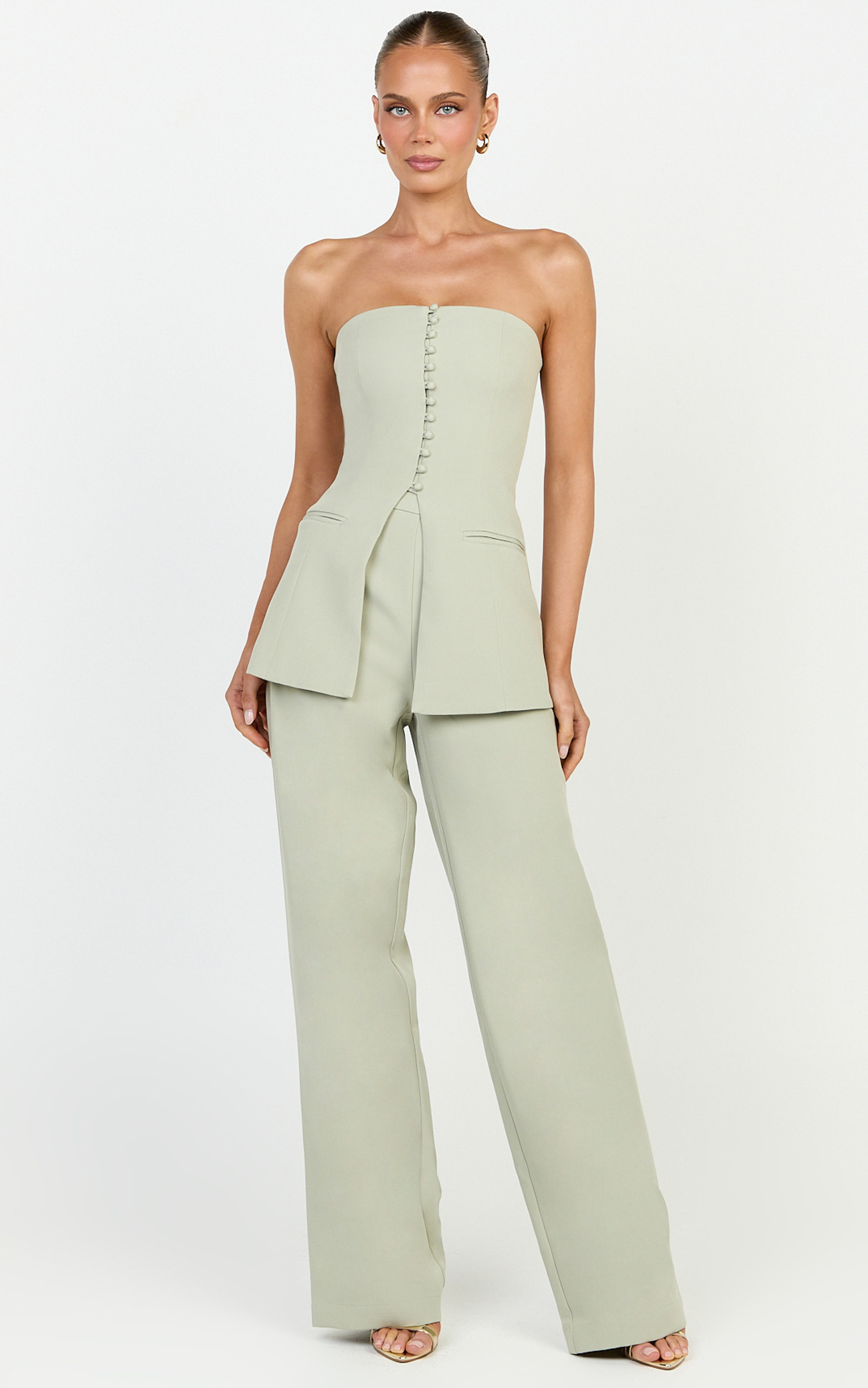 Showpo Amelia Two Piece Top and Pant Set - Strapless Button Down Top And Tailored Wide Leg Pants Set in Sage