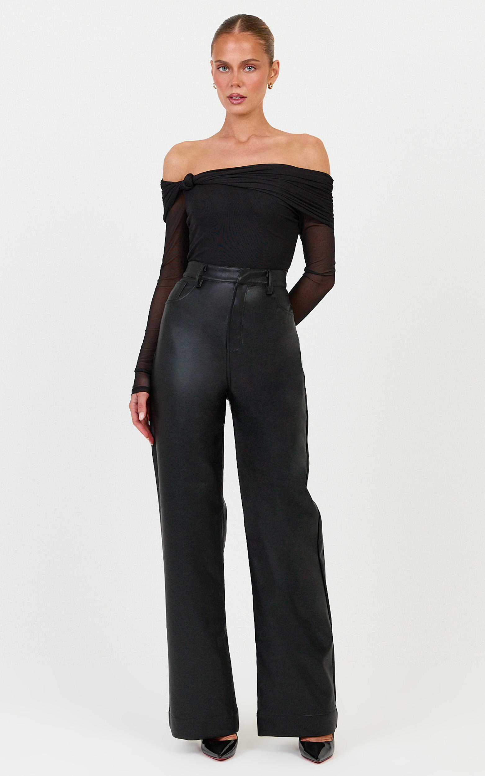 Showpo Amy Bodysuit - Off The Shoulder Long Sleeve Bodysuit with Twist Neck Detail in Black